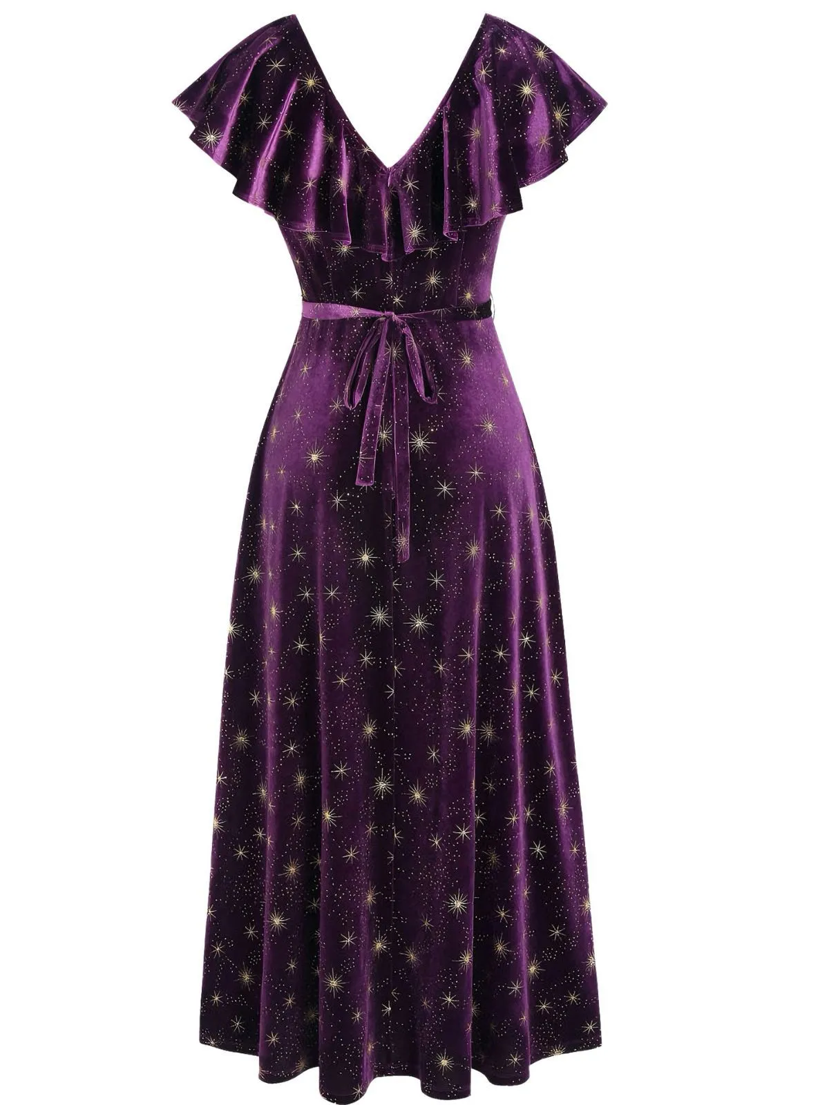 Purple 1940s Velvet V-Neck Star Ruffle Dress sold by Retro Stage product image thumbnail 2