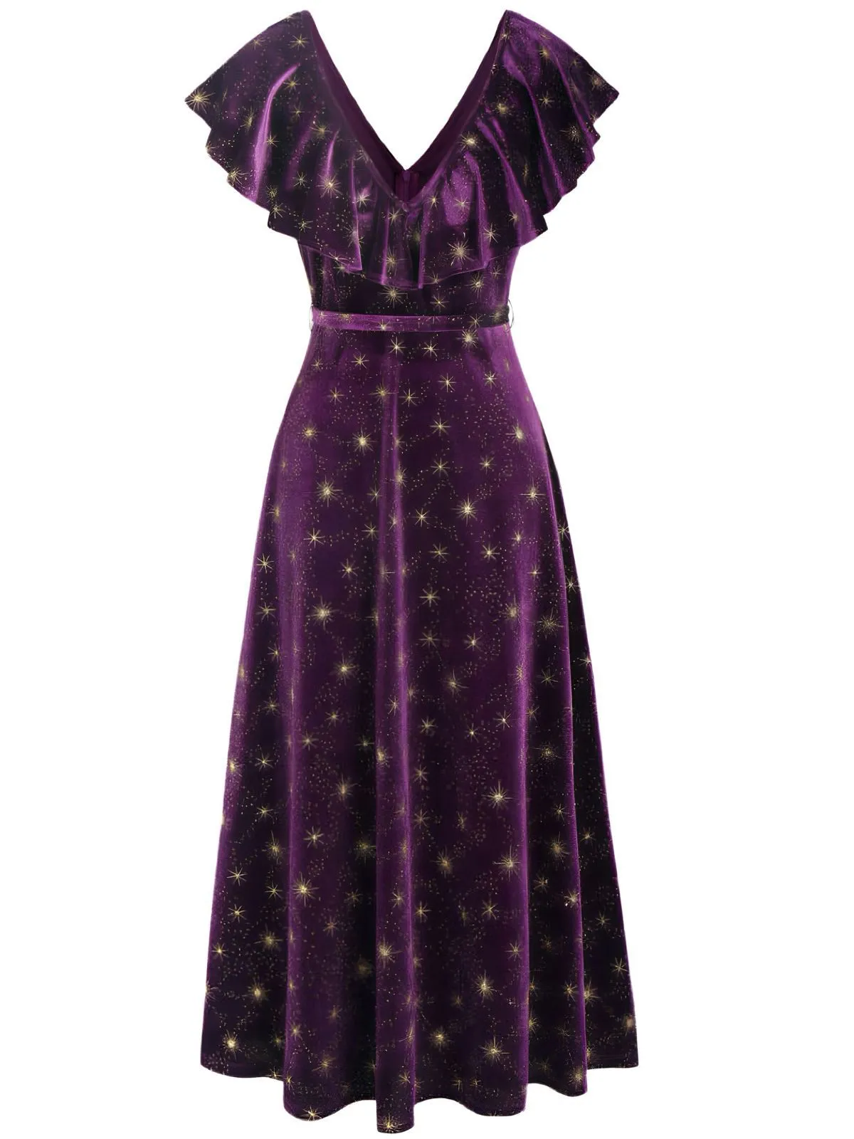 Purple 1940s Velvet V-Neck Star Ruffle Dress sold by Retro Stage