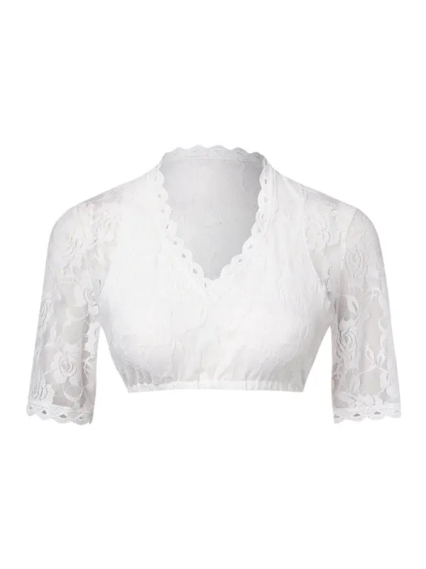 White 1950s Floral Lace V-Neck Crop Top sold by Retro Stage