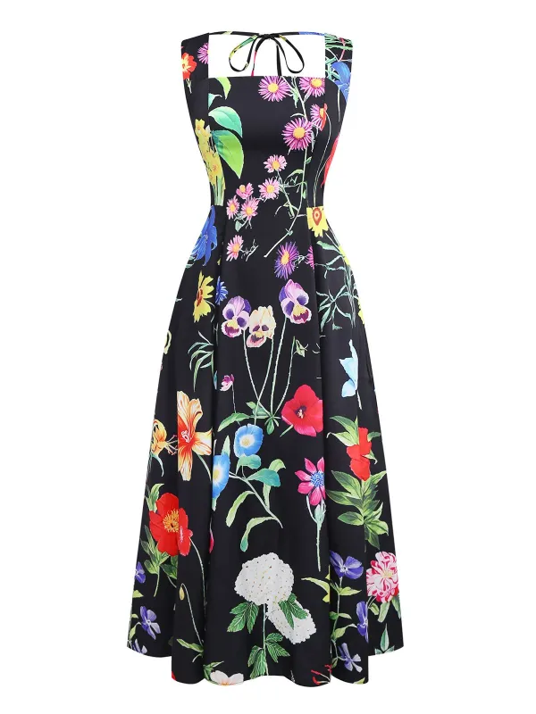 Black 1930s Square Neck Floral Maxi Dress sold by Retro Stage
