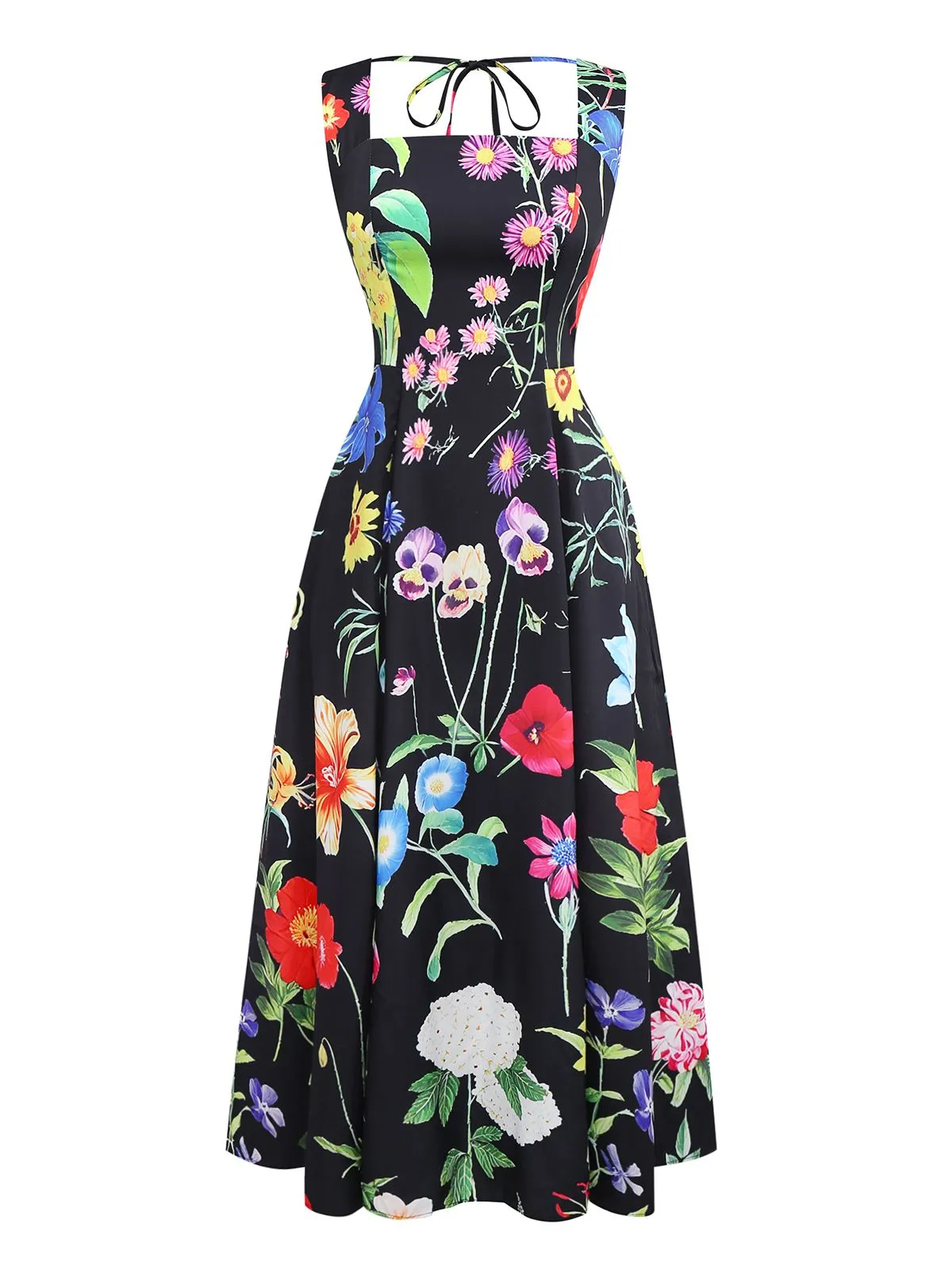 Black 1930s Square Neck Floral Maxi Dress sold by Retro Stage