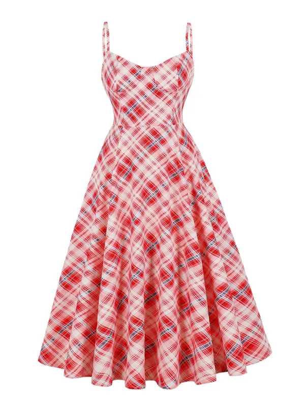 Red 1950s Spaghetti Straps Plaid Swing Dress sold by Retro Stage
