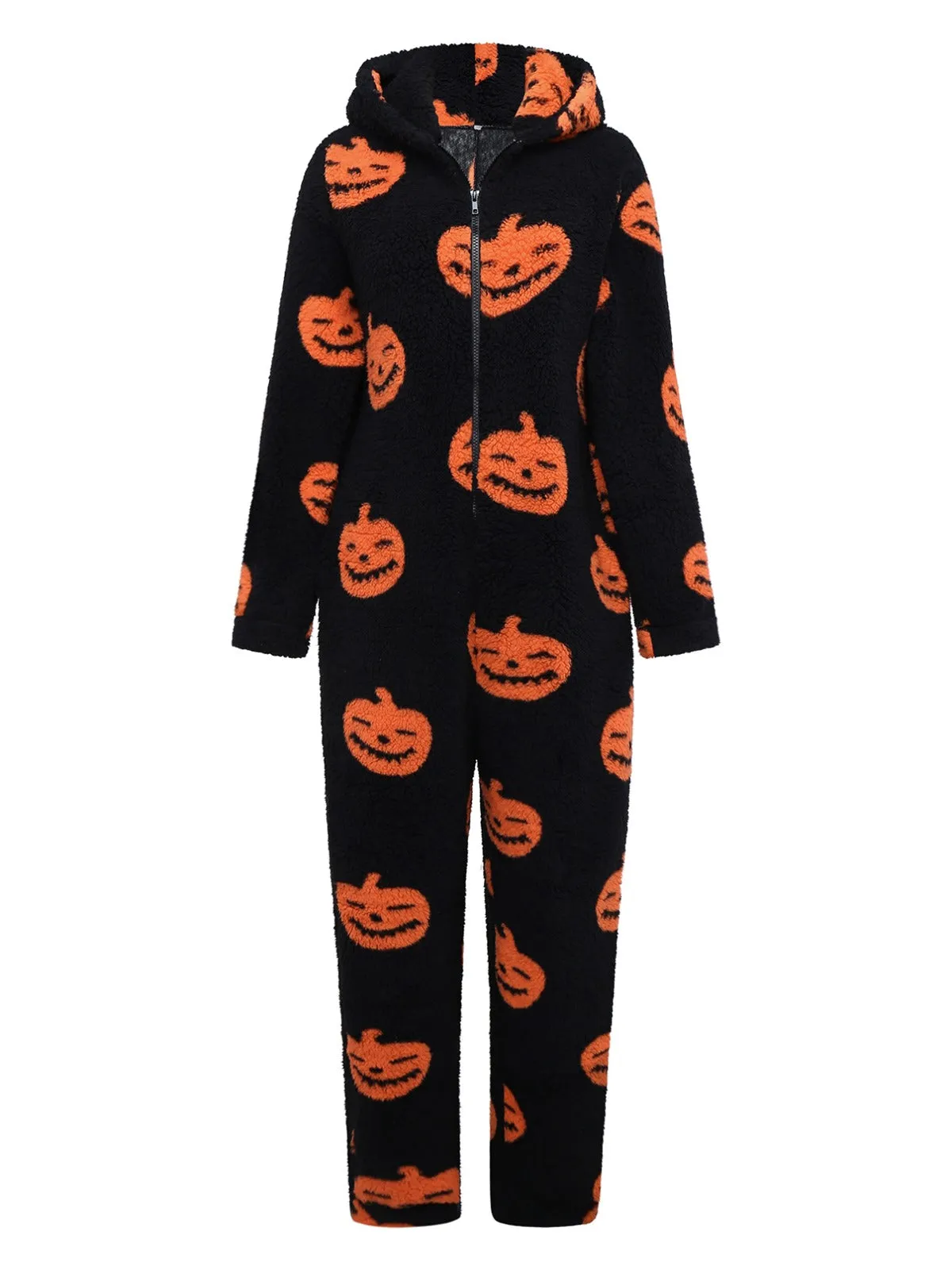 Orange 1930s Halloween Pumpkin Zipper Hooded Jumpsuit sold by Retro Stage