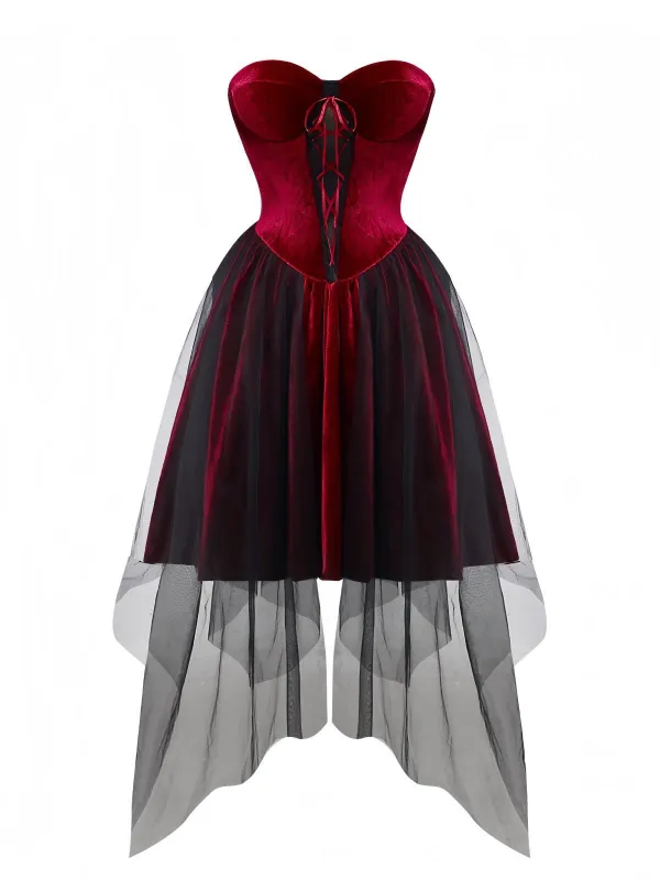 Burgundy 1960s Gothic Mesh Strapless Irregular Hem Dress sold by Retro Stage