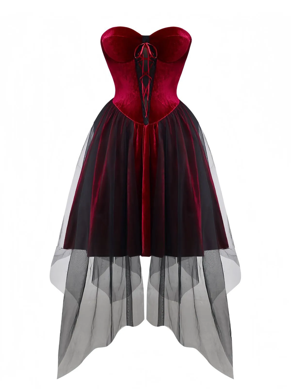 Burgundy 1960s Gothic Mesh Strapless Irregular Hem Dress sold by Retro Stage