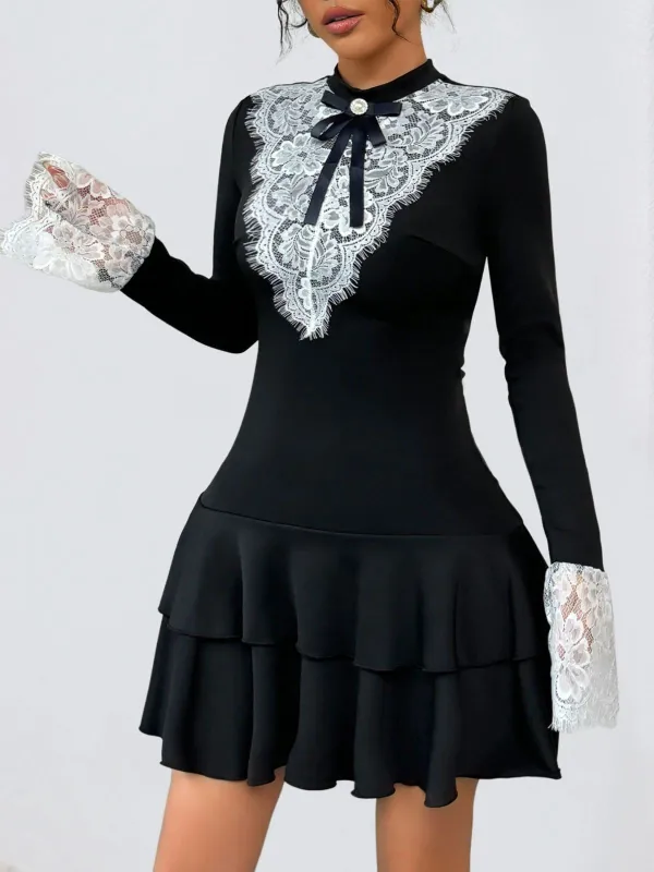 Black & White 1950s Lace Patchwork Bow Long Sleeve Dress sold by Retro Stage