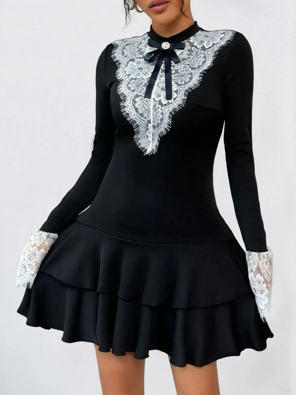 Black & White 1950s Lace Patchwork Bow Long Sleeve Dress sold by Retro Stage product image thumbnail 2