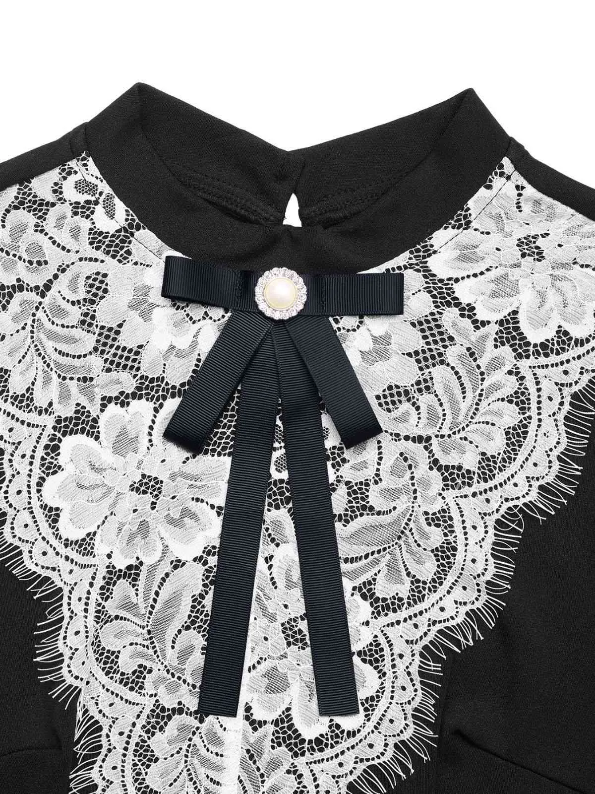 Black & White 1950s Lace Patchwork Bow Long Sleeve Dress sold by Retro Stage product image thumbnail 4