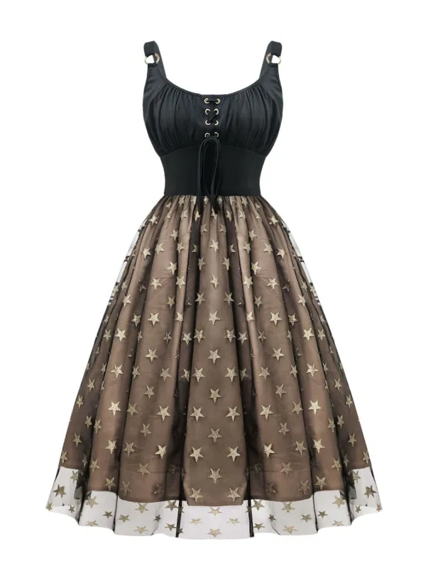 Black 1950s Gold Star Sequined Mesh Ruched Dress sold by Retro Stage