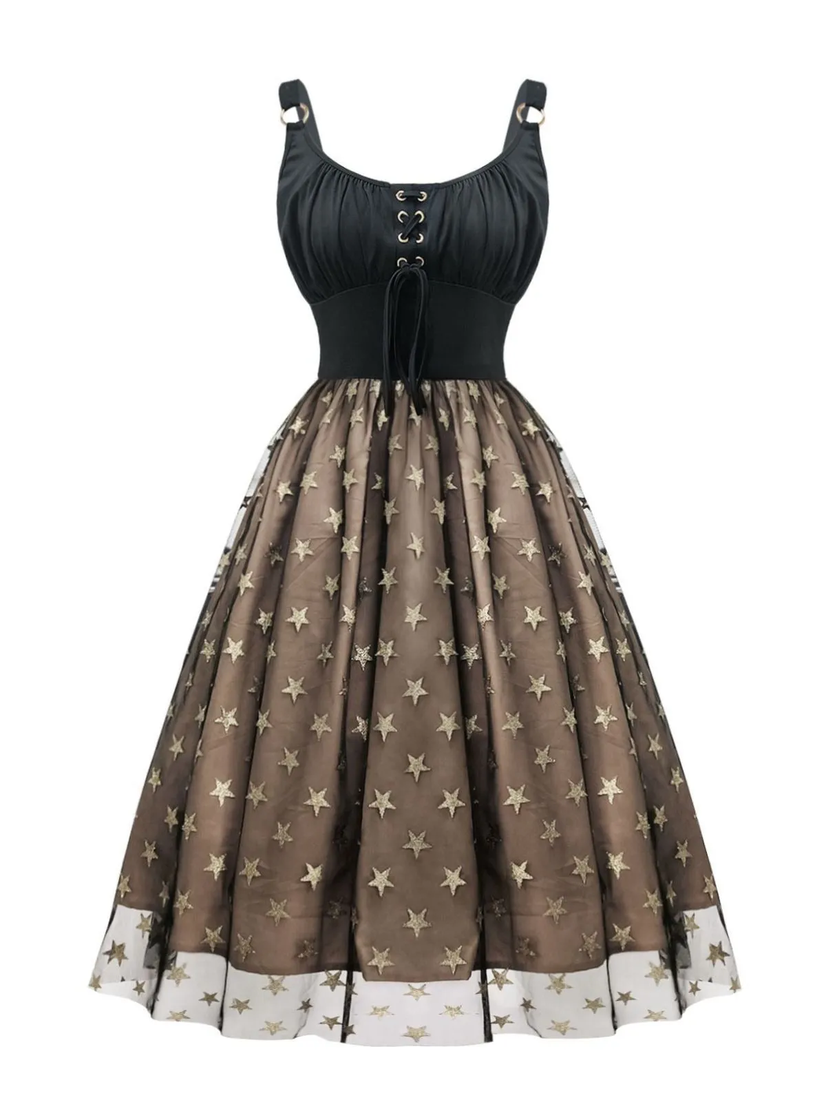 Black 1950s Gold Star Sequined Mesh Ruched Dress sold by Retro Stage