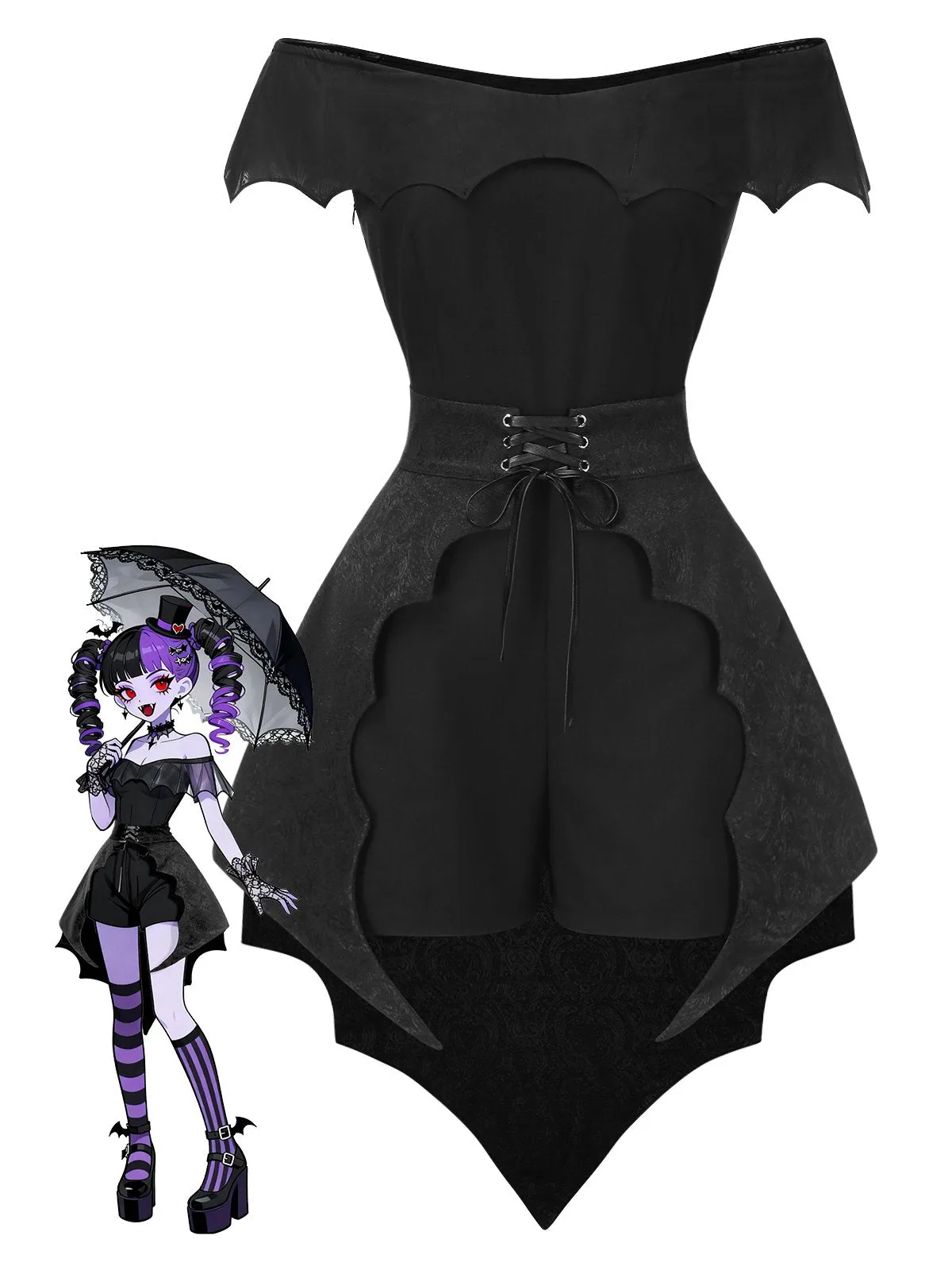 2PCS Black 1950s Gothic Bat Romper & High-Low Cover-Up sold by Retro Stage