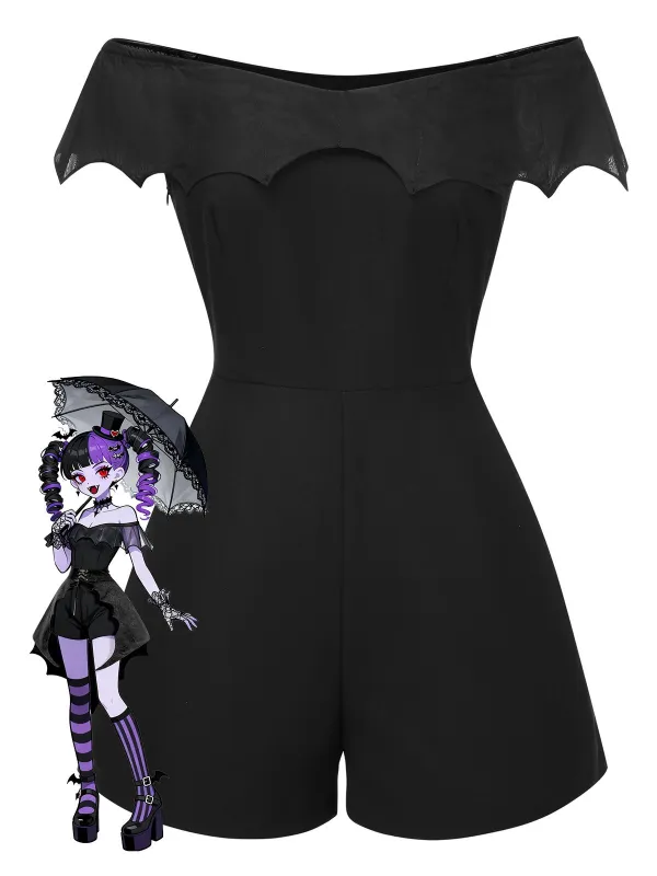 Black 1950s Gothic Bat Off-Shoulder Mesh Romper sold by Retro Stage