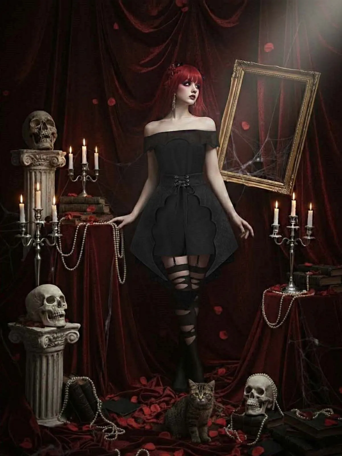 Black 1950s Gothic Bat Off-Shoulder Mesh Romper sold by Retro Stage product image thumbnail 2