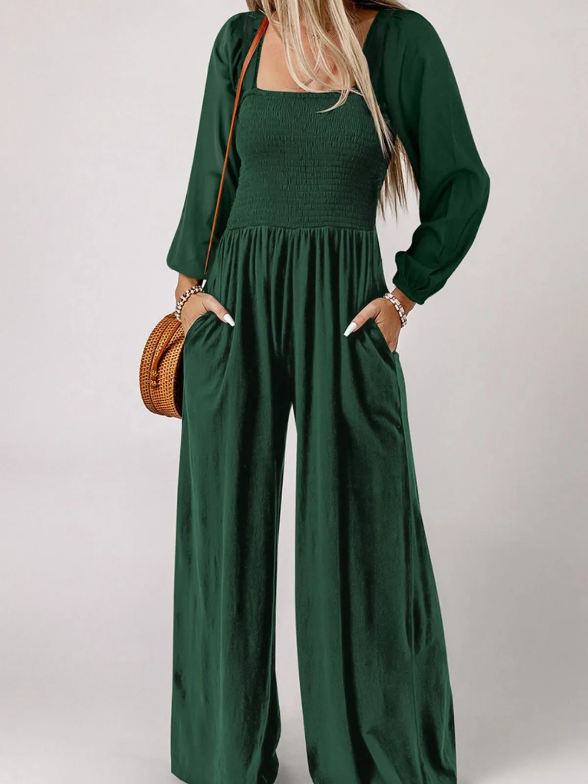 1950s Solid Square Neck Smocked Long Jumpsuit sold by Retro Stage product image thumbnail 5