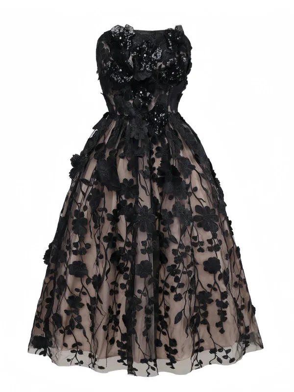 Black 1950s Bandeau Mesh 3D-Floral Patchwork Dress sold by Retro Stage