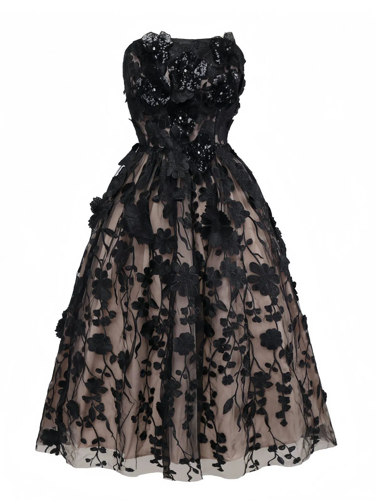 Black 1950s Bandeau Mesh 3D-Floral Patchwork Dress sold by Retro Stage