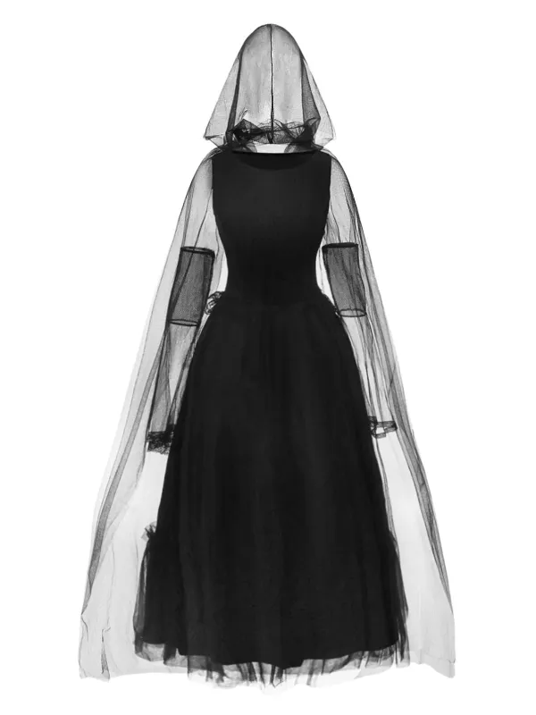 Black 1980s Halloween Mesh Patchwork Dress With Cape sold by Retro Stage