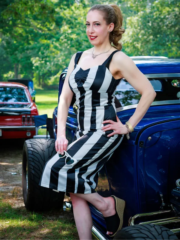 Black 1960s Vertical Stripe Straps Pencil Dress sold by Retro Stage