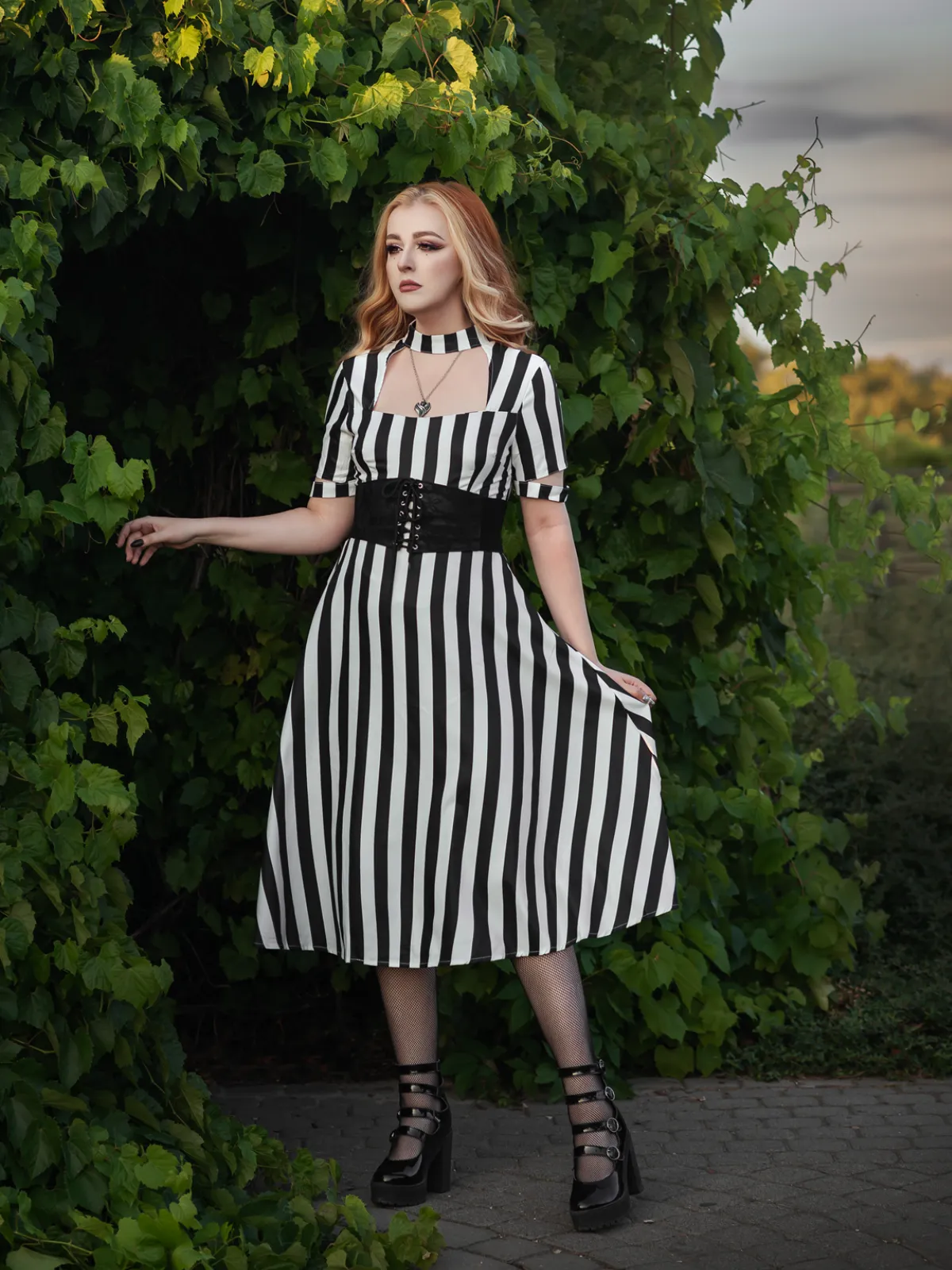 1950s Halloween Striped Hollow Collar Dress sold by Retro Stage
