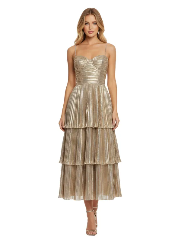Gold 1930s Metallic Tiered Spaghetti Strap Dress sold by Retro Stage