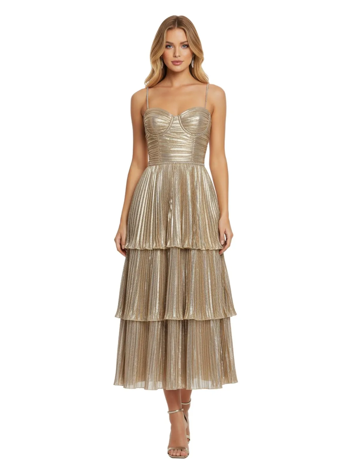 Gold 1930s Metallic Tiered Spaghetti Strap Dress sold by Retro Stage