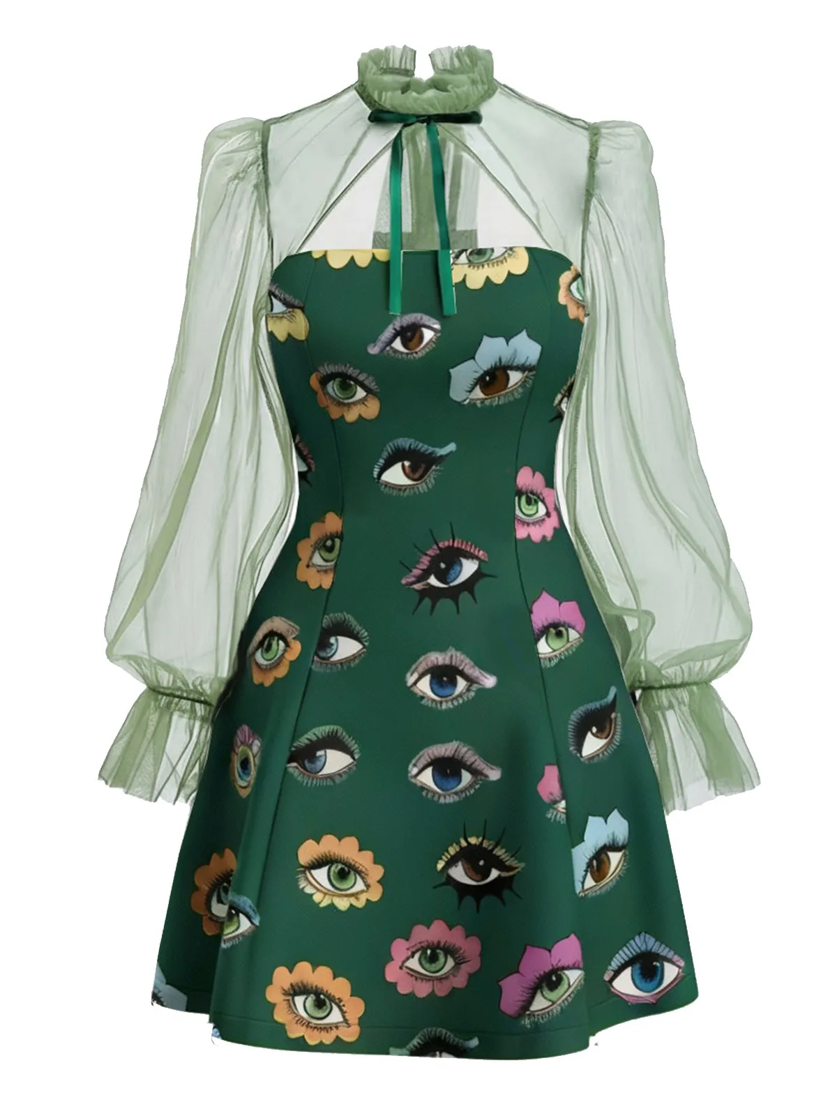 Green 1960s Halloween Gothic Eye Print Mesh Sleeve Dress sold by Retro Stage product image thumbnail 2
