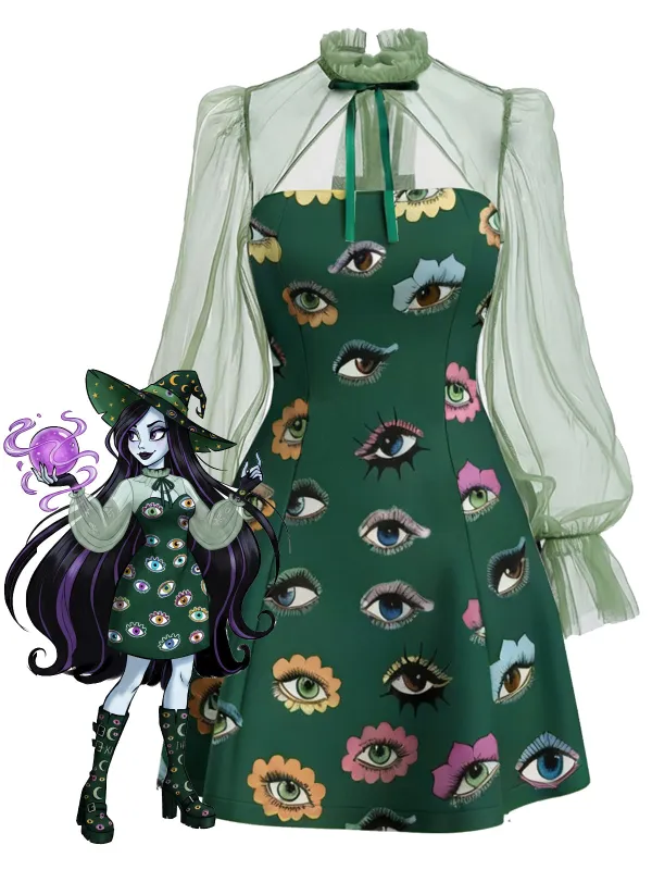 Green 1960s Halloween Gothic Eye Print Mesh Sleeve Dress sold by Retro Stage