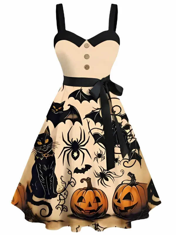Orange 1950s Halloween Pumpkin Cat Bat Print Swing Dress sold by Retro Stage