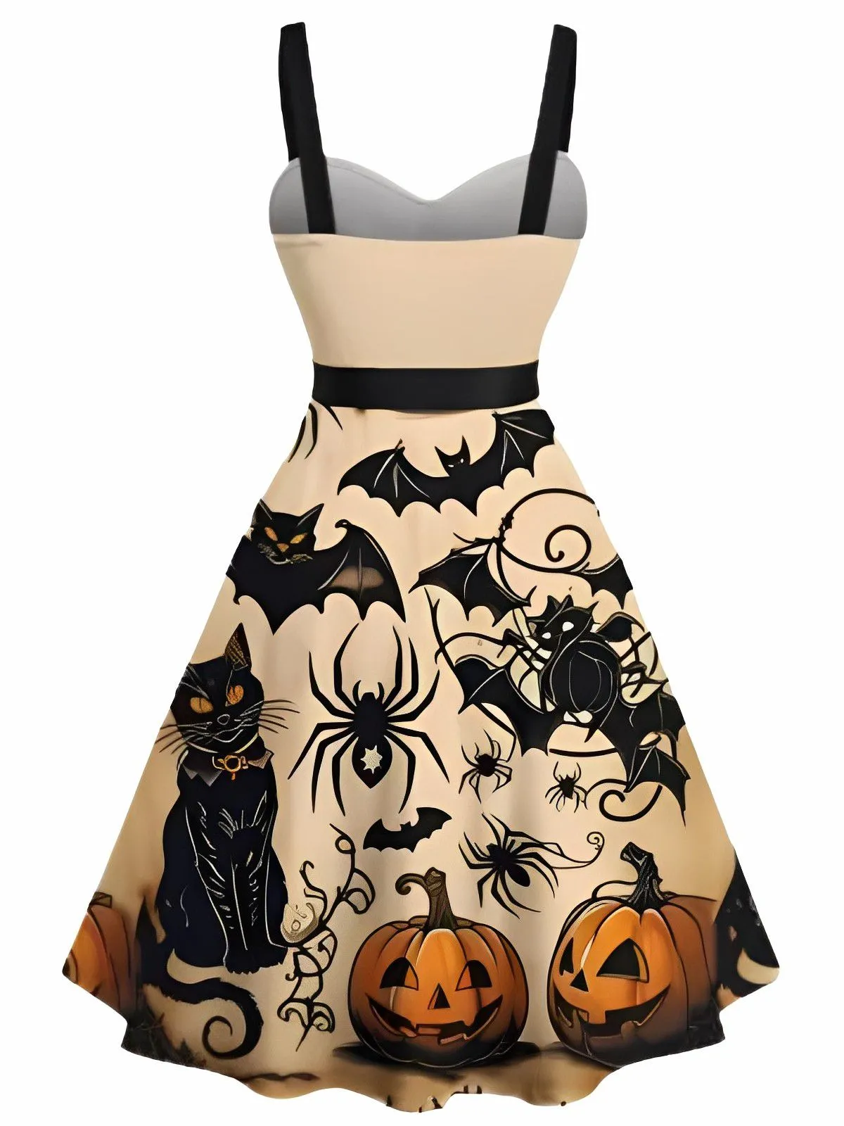 Orange 1950s Halloween Pumpkin Cat Bat Print Swing Dress sold by Retro Stage product image thumbnail 2