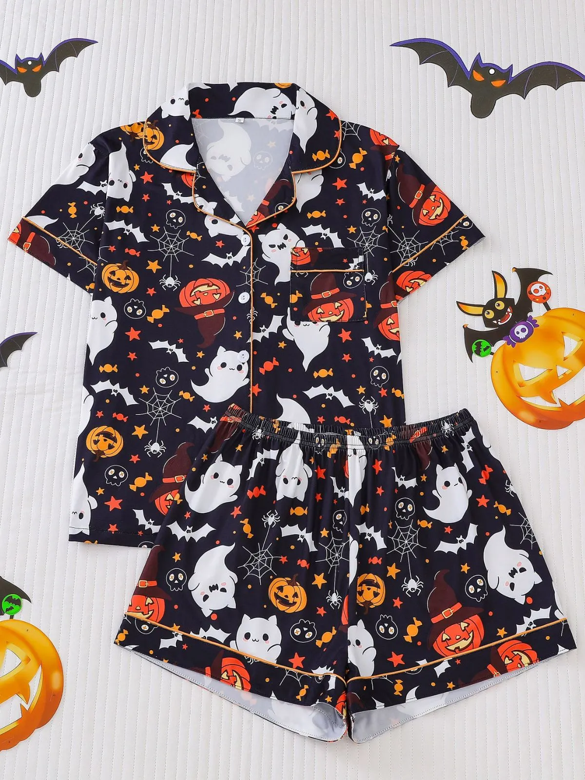 Black 1950s Halloween Print Notched Collar Pajama Set sold by Retro Stage