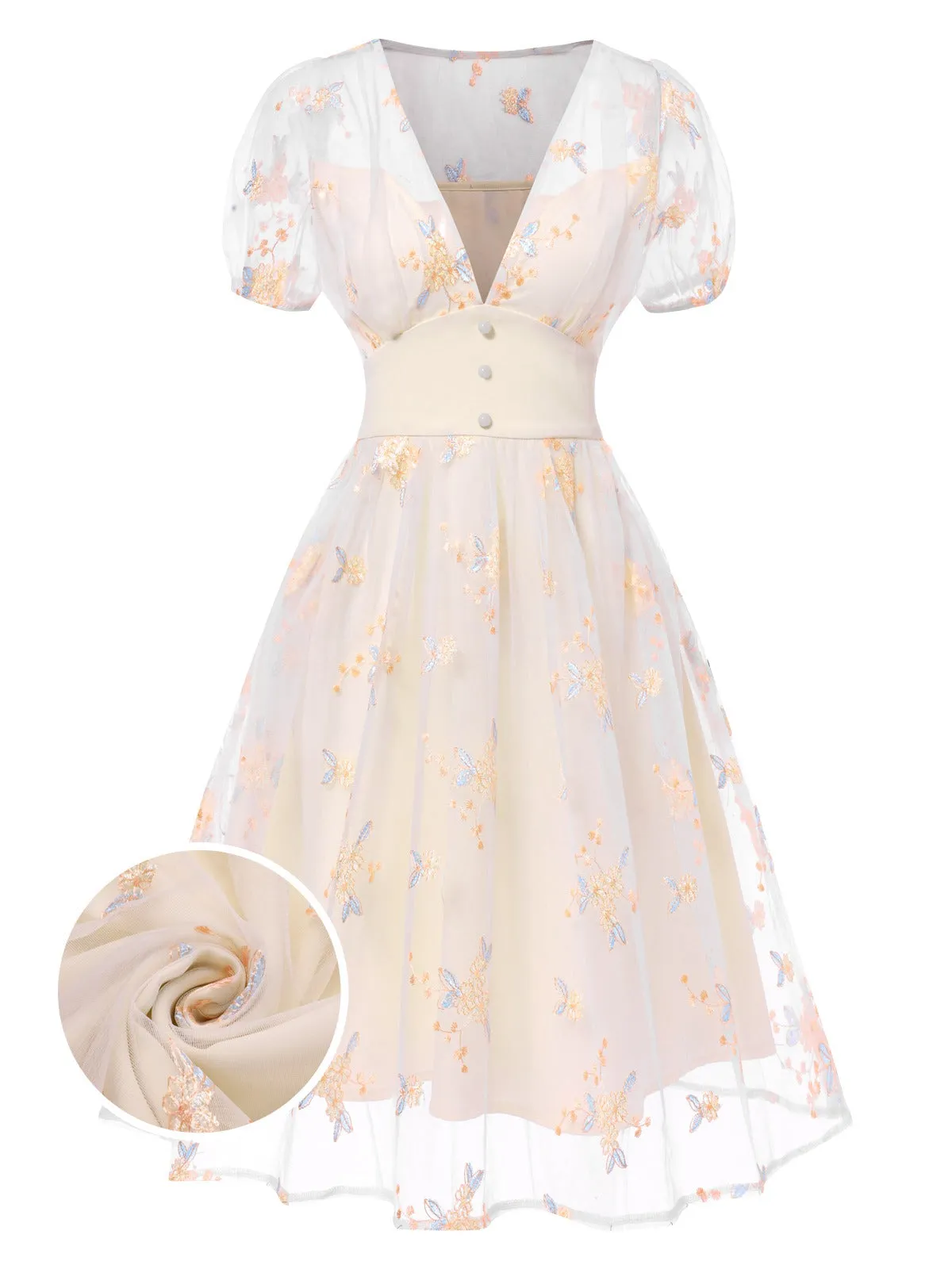 White 1950s Deep V-Neck Embroidered Floral Dress sold by Retro Stage product image thumbnail 5