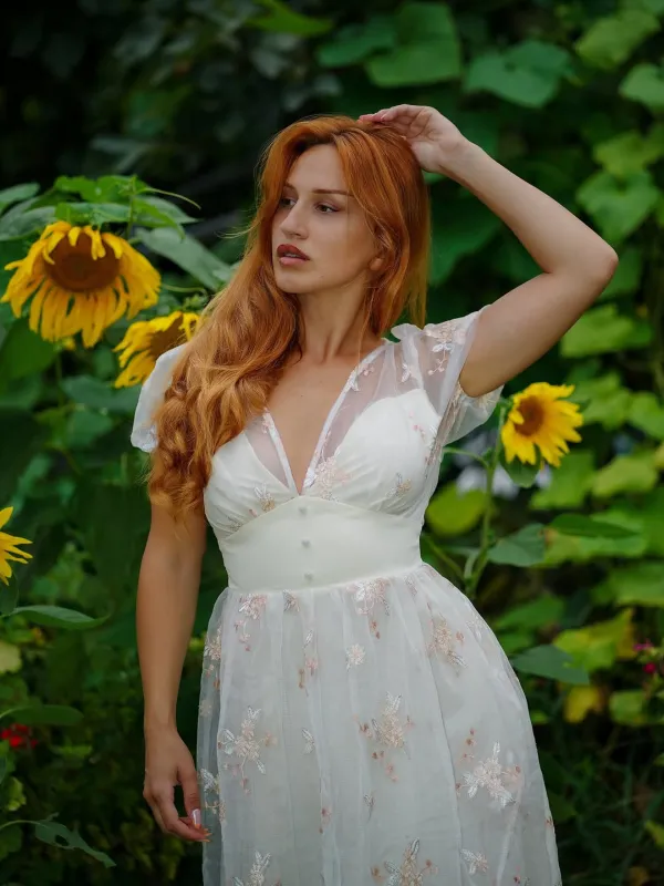 White 1950s Deep V-Neck Embroidered Floral Dress sold by Retro Stage