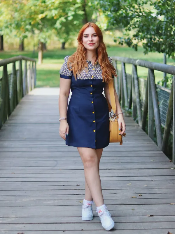 Blue 1960s Peter Pan Collar Diamond-Print Dress sold by Retro Stage