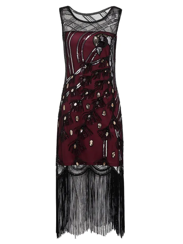 Wine Red 1920s Peacock Flapper Dress sold by Retro Stage