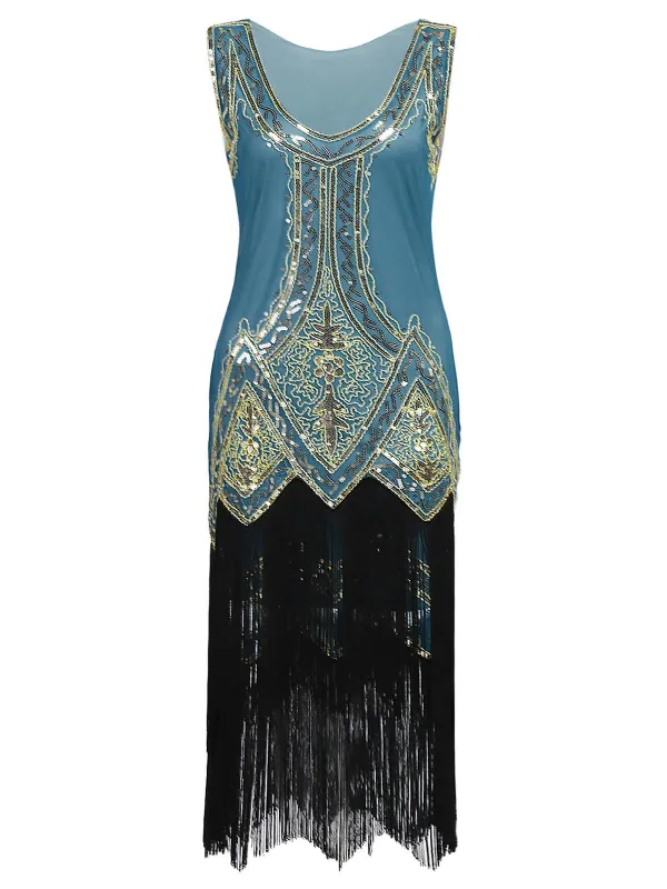 Lake Blue 1920s Beaded Fringed Dress sold by Retro Stage