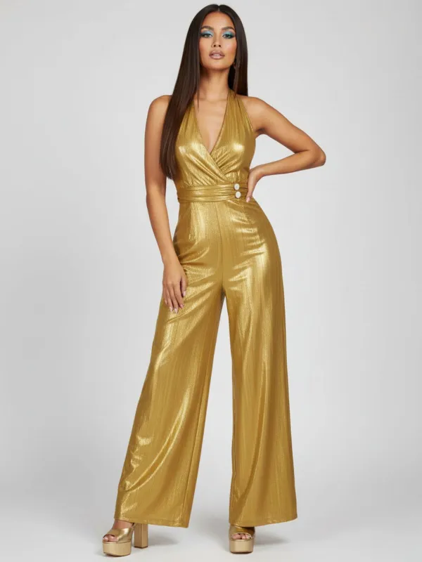 Gold 1970s Solid V-Neck Halter Jumpsuit sold by Retro Stage