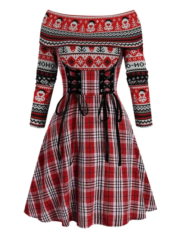 Red 1950s Plaid Off-shoulder Swing Dress sold by Retro Stage