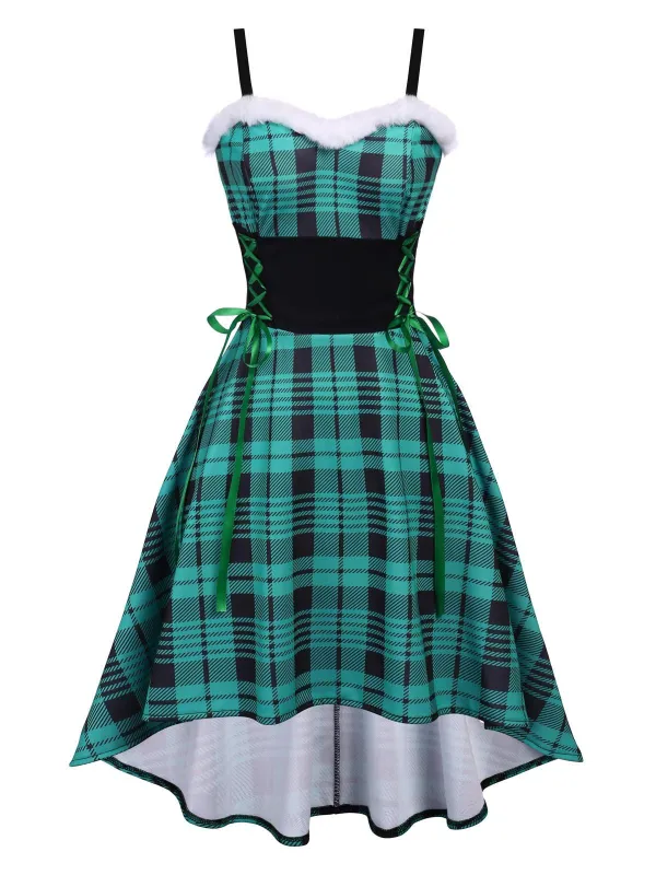 Green 1950s Furry Strap Plaid Swing Dress made by Retro Stage