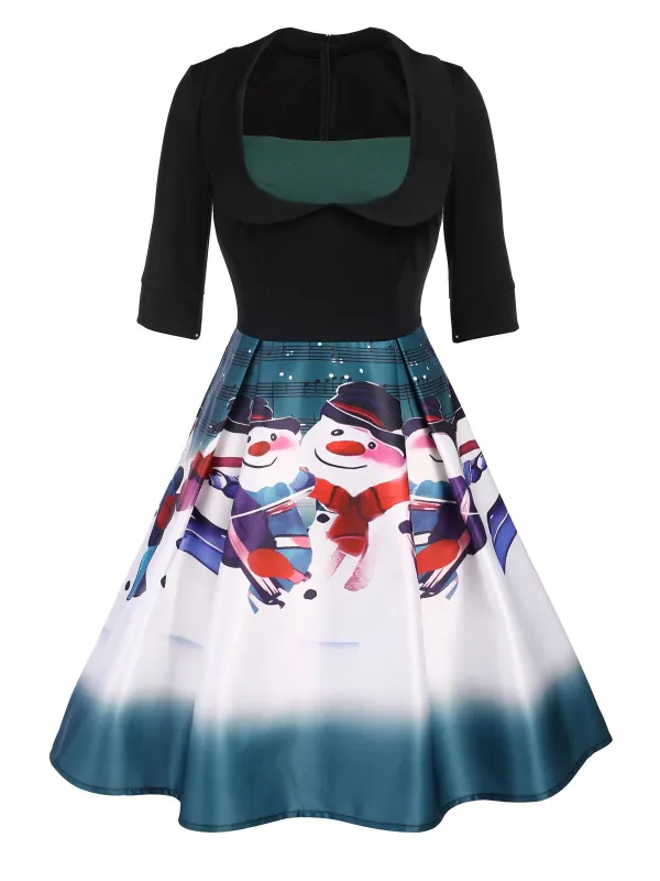 Green 1950s Patchwork Snowman Swing Dress sold by Retro Stage