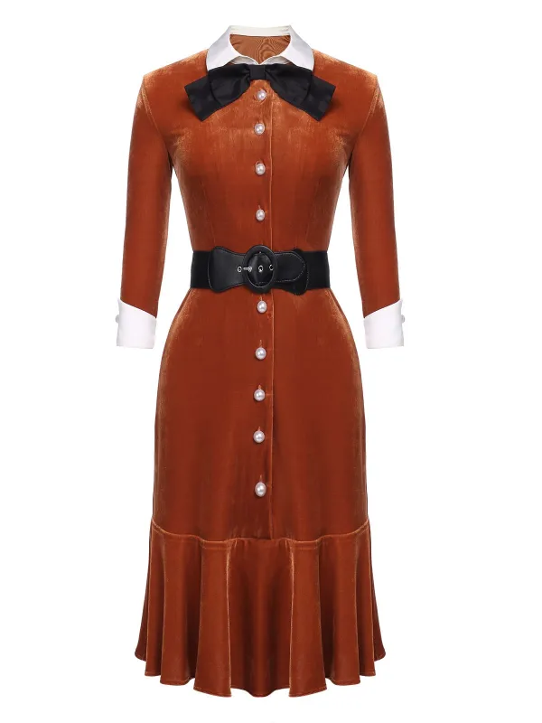 Orange 1930s Belted Velvet Work Dress sold by Retro Stage