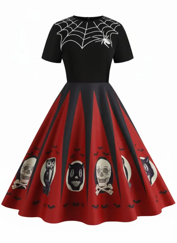 1950s Halloween Spider Web Print Patchwork Dress sold by Retro Stage