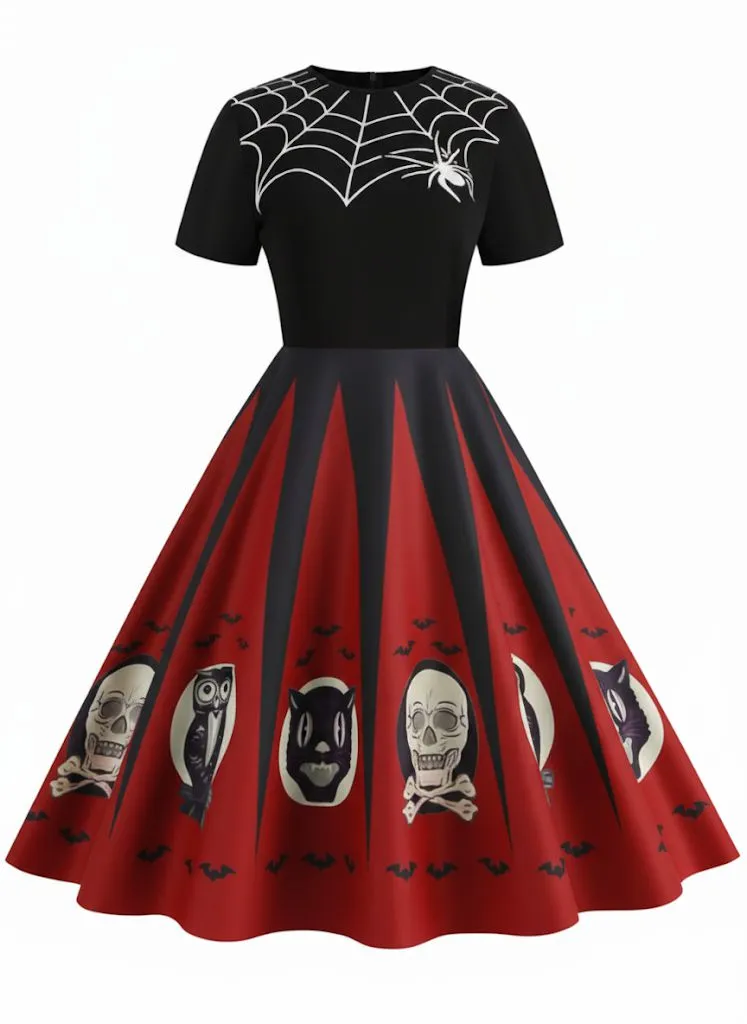 1950s Halloween Spider Web Print Patchwork Dress sold by Retro Stage