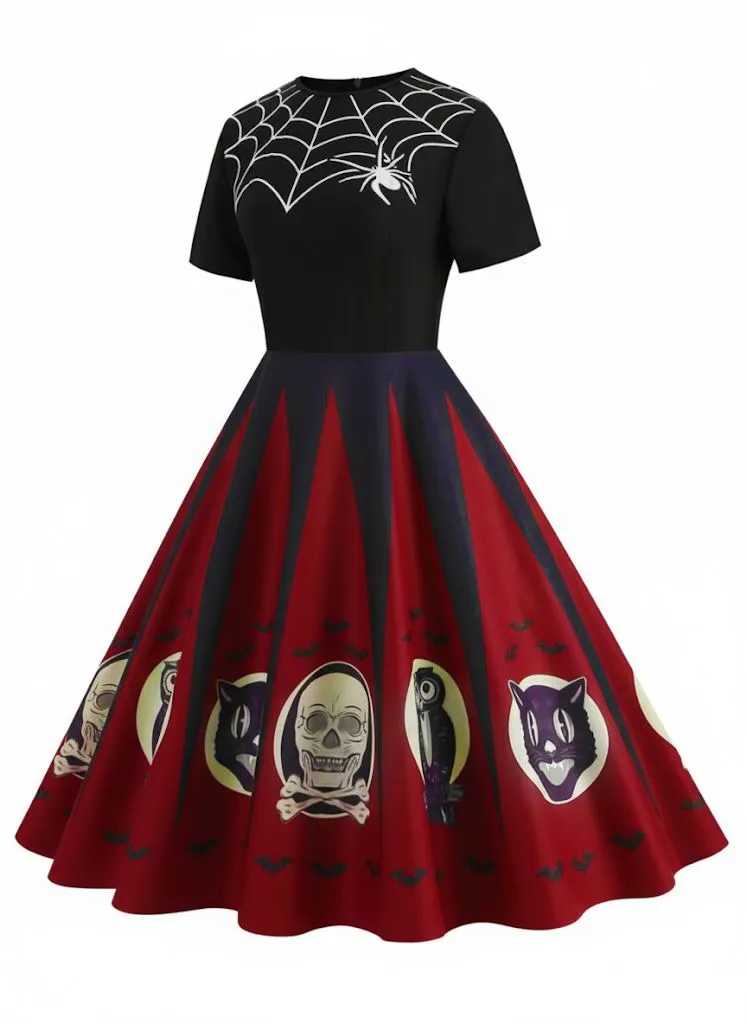 1950s Halloween Spider Web Print Patchwork Dress sold by Retro Stage product image thumbnail 2