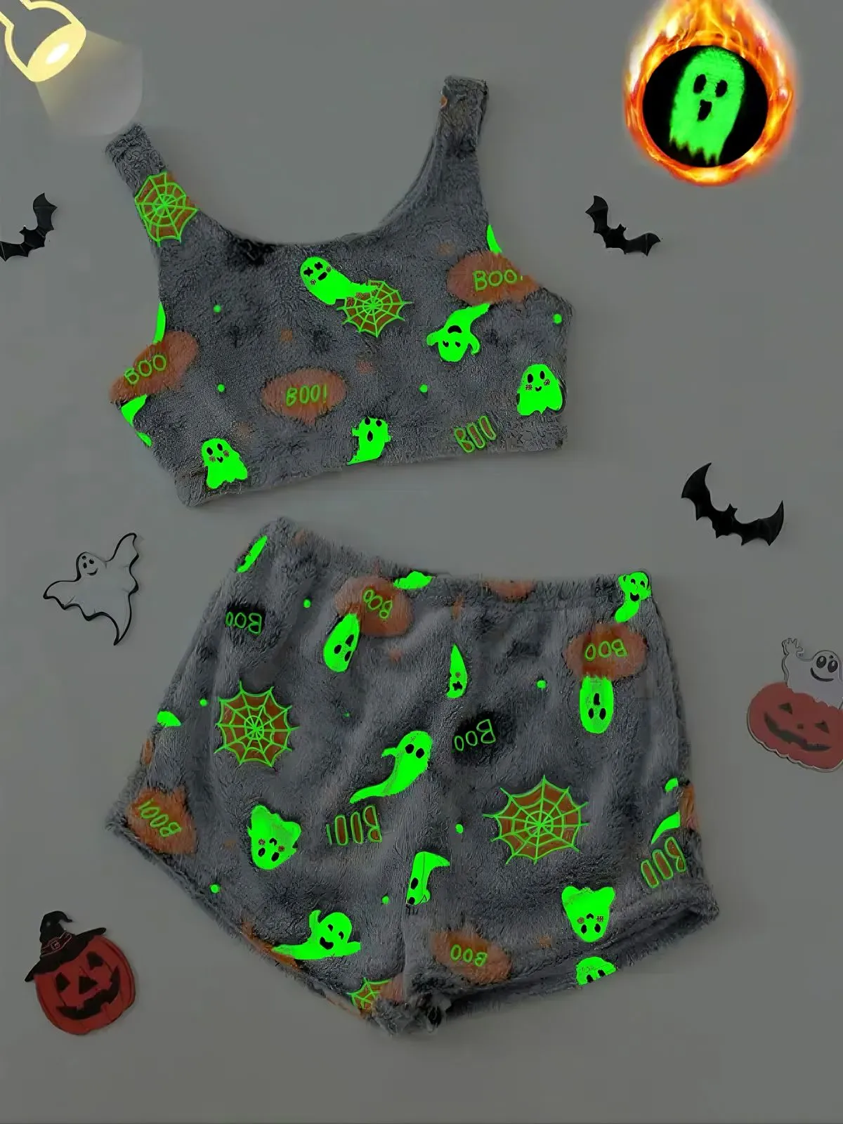 2PCS Grey 1970s Halloween Glowing Print Flannel Pajama Set sold by Retro Stage product image thumbnail 2