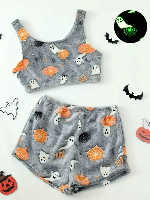 2PCS Grey 1970s Halloween Glowing Print Flannel Pajama Set sold by Retro Stage