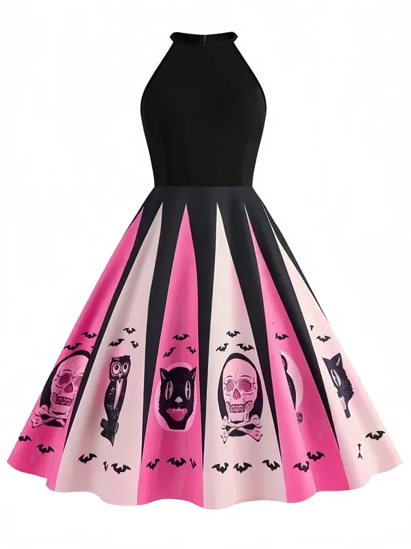 Black&Pink 1950s Halloween Spooky Print Swing Dress sold by Retro Stage