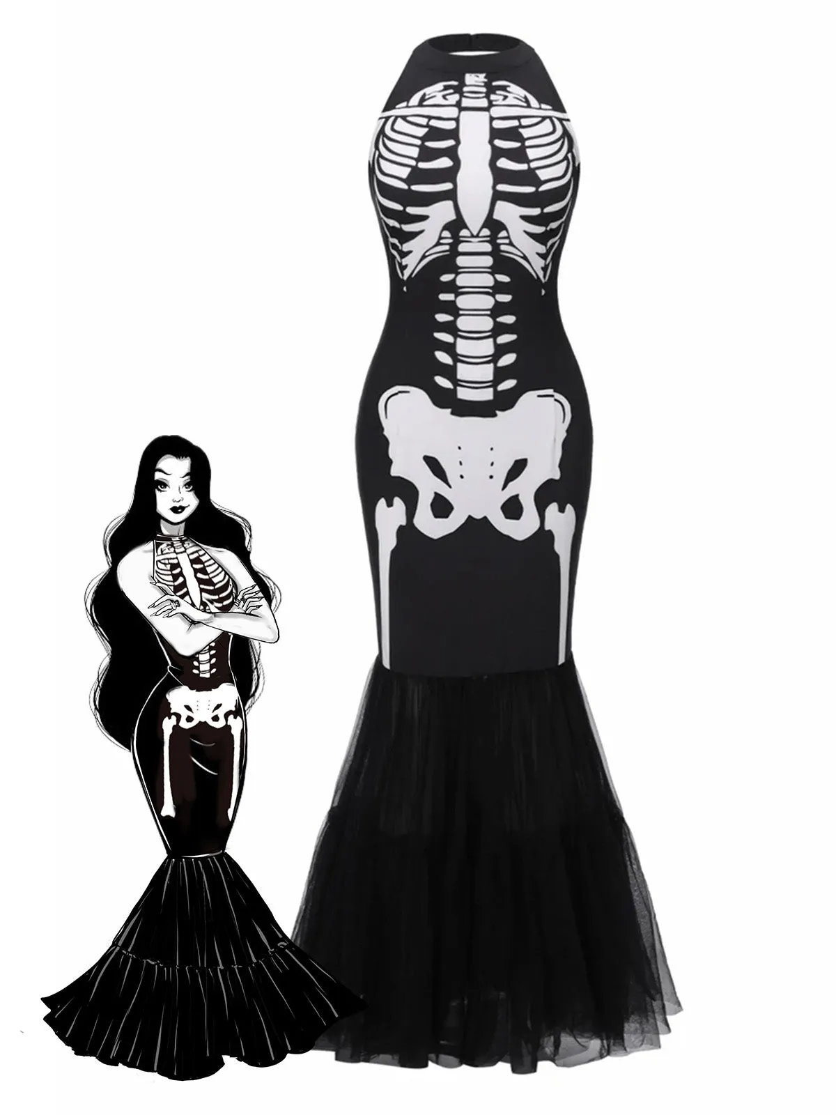 Black & White 1930s Halter Skull Mesh Fishtail Dress sold by Retro Stage