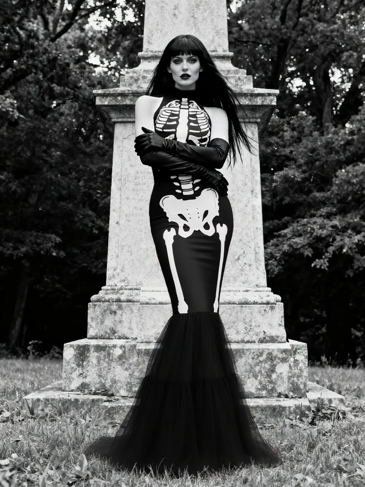 Black & White 1930s Halter Skull Mesh Fishtail Dress sold by Retro Stage product image thumbnail 3