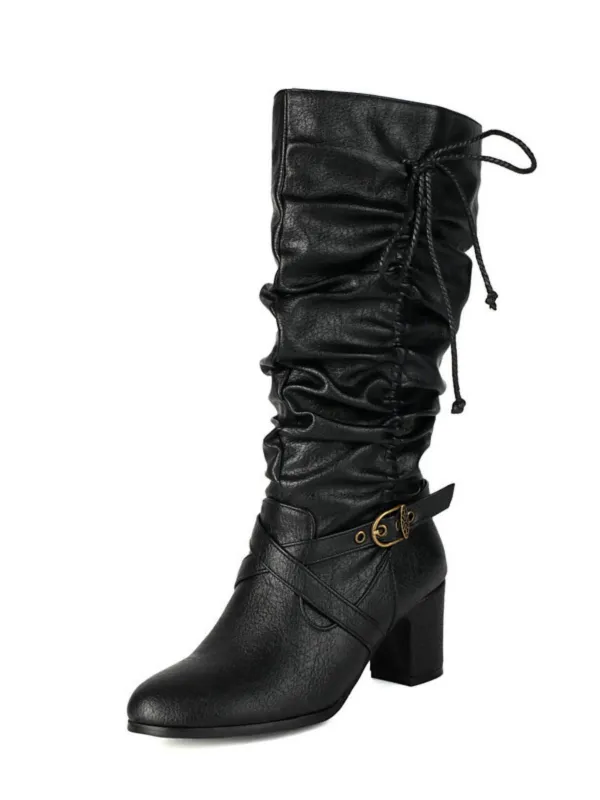 Vintage Solid Buckle Ruched Chunky Heels Boots sold by Retro Stage