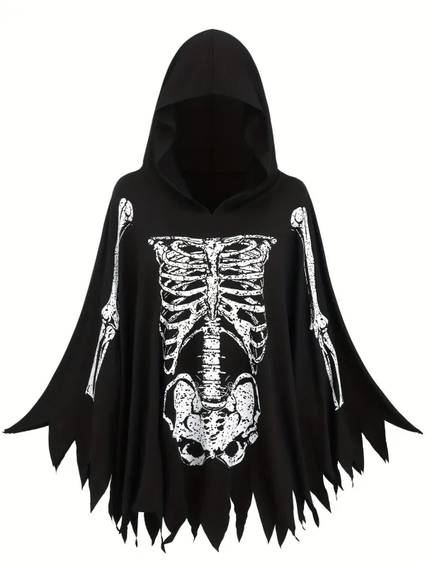 1970s Halloween Skeleton Bone Print Hooded Cape sold by Retro Stage